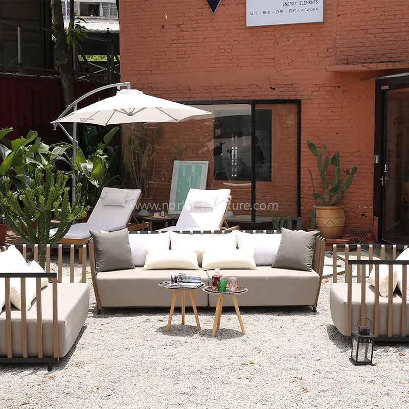 Високо-крајно отворено троседот софа алуминиумска рамка од тиково дрво рамка софа Високо-крајно отворено троседот софа алуминиумска рамка од тиково дрво рамка софа