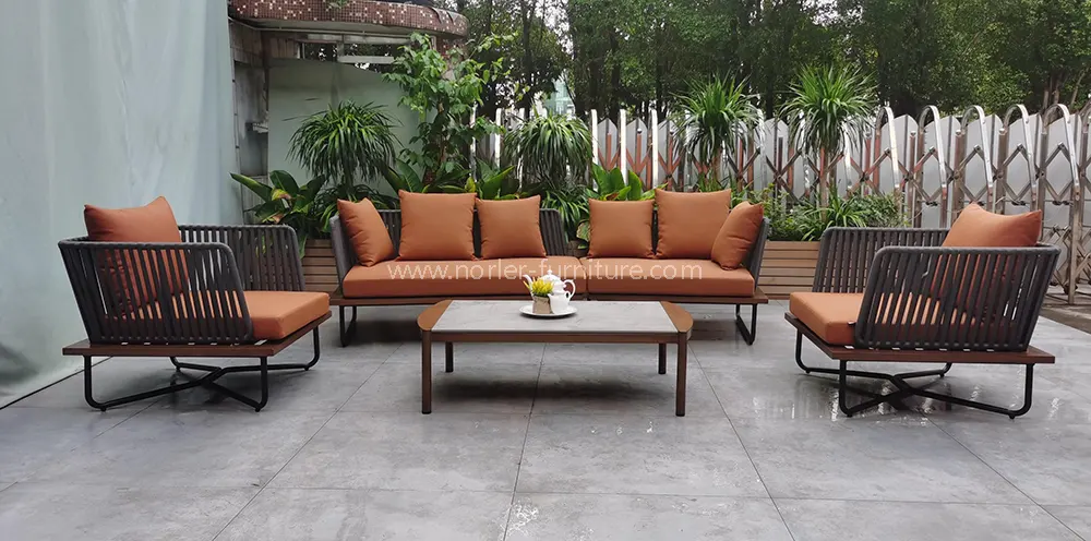Modern Orange Teak Wood Base Woven Backrest Outdoor Sofa