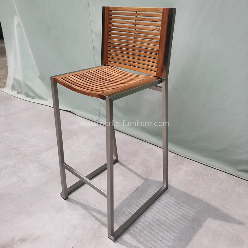 Modern Outdoor Stainless Steel Teak Frame Bar Chair